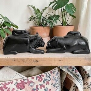 African Hippo Folk Art Solid Wood Lidded Box Black Safari Animal Dark Academia